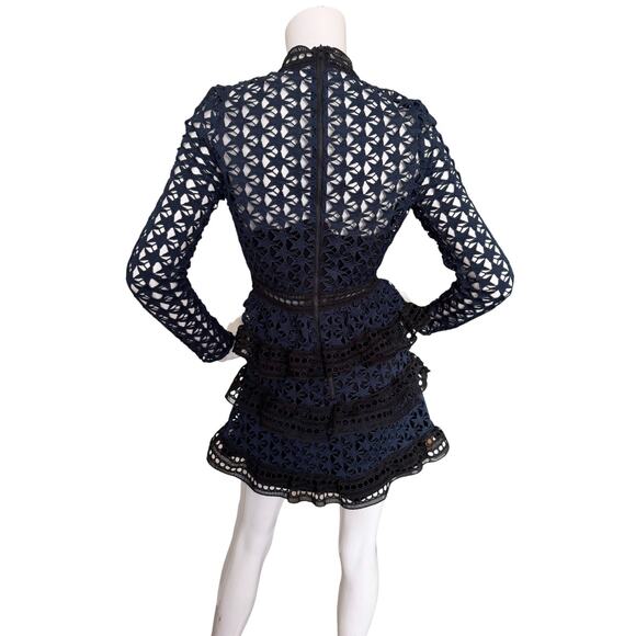 Self Portrait Dress Lace Star High Neck Tiered Mini Long Sleeve Navy Size US 6 - Picture 8 of 9